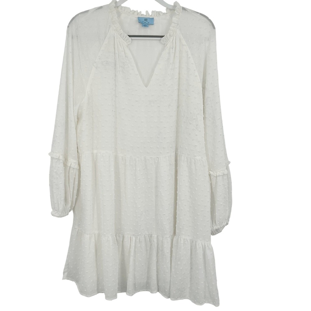 Womens Boho Tiered Mini Dress White Swiss Dot Ruffle Neck XL CeCe - Picture 2 of 10
